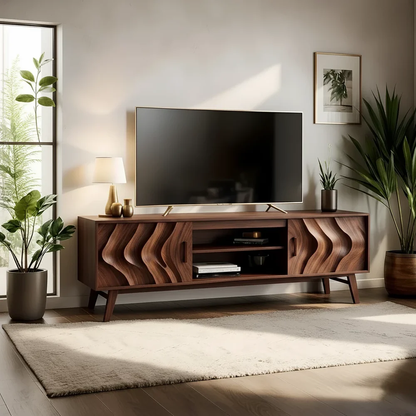 Solid Wood TV Stand Modern Walnut Media Console with Wave Doors and Storage