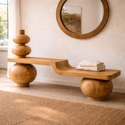 Sculptural Solid Wood Bench, Modern Artistic Entryway Statement Seating Kitchnce