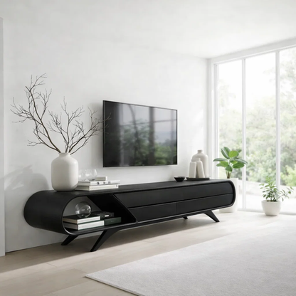 Solid Wood Media Console with Curved Design & Drawer Storage, Modern TV Stand