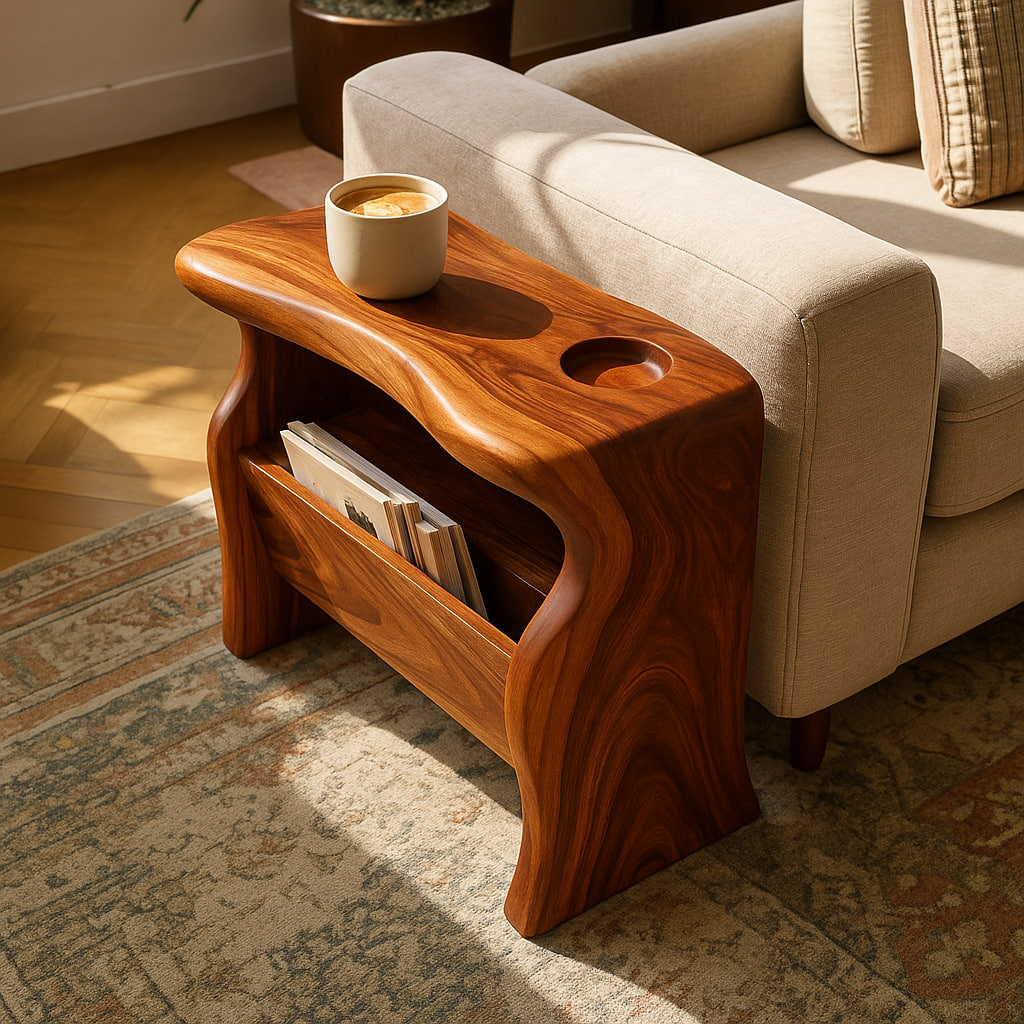 Solid Wood Sofa Armrest Table with Cup Holder and Magazine Storage Side Table