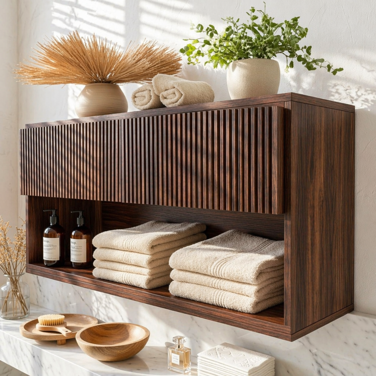Floating Bathroom Cabinet, Modern Slatted Wall Mounted Vanity Storage Shelf Organizer