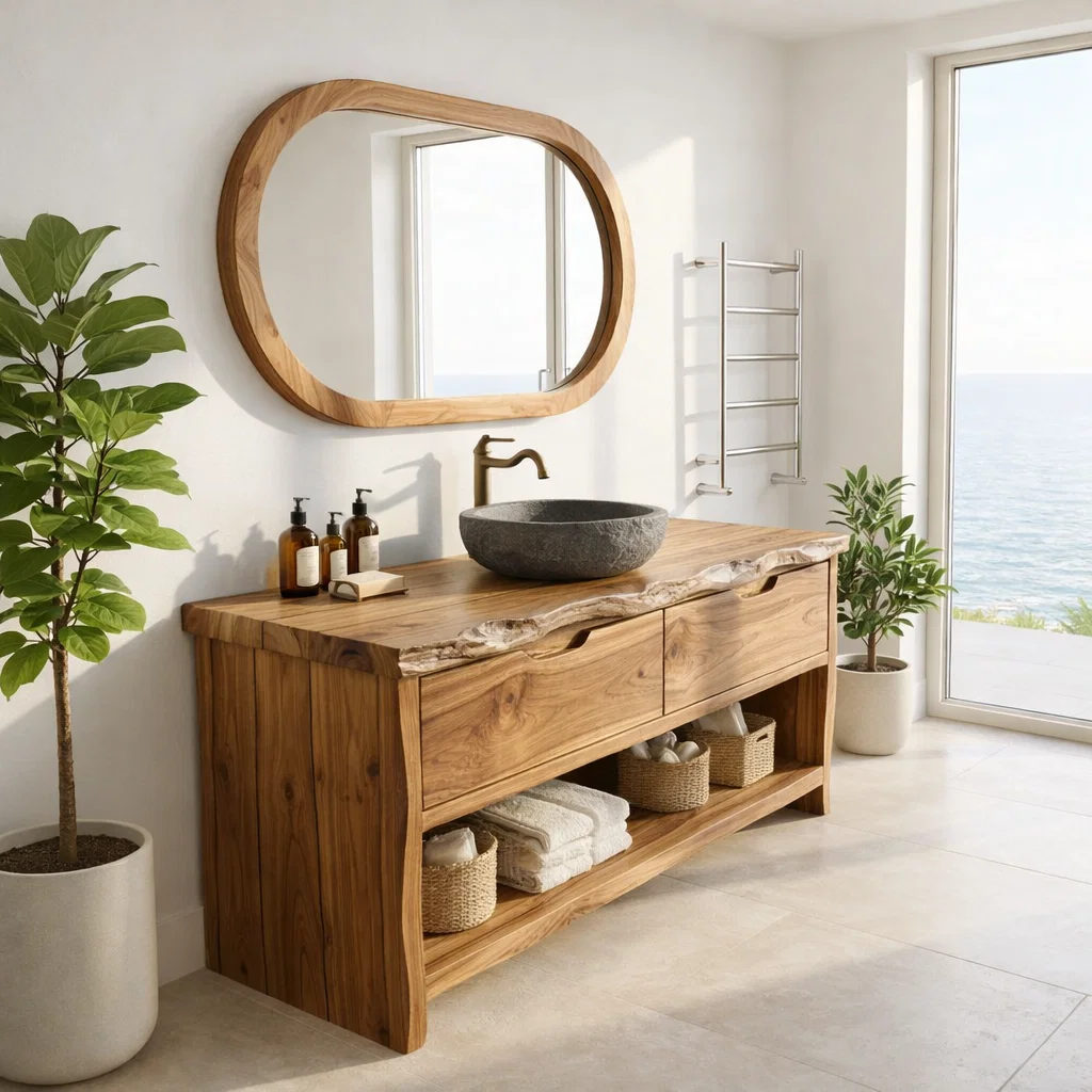Solid Wood Bathroom Vanity Cabinet with Live Edge – Rustic Vanity Base Only