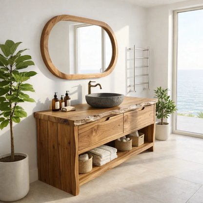 Solid Wood Bathroom Vanity Cabinet with Live Edge – Rustic Vanity Base Only