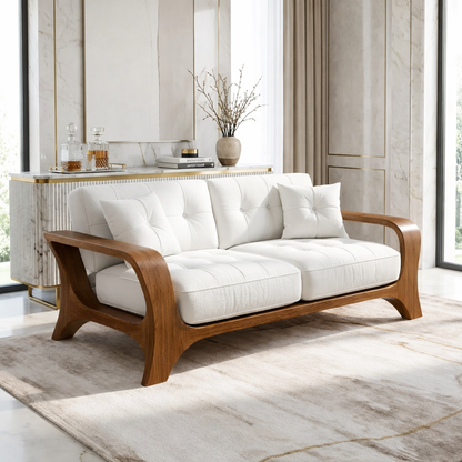 Luxury Curved Solid Wood Sofa with White Tufted Cushions Modern Designer Couch