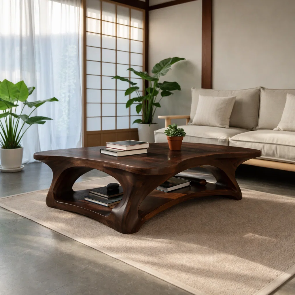 Solid Wood Coffee Table with Sculpted Organic Design – Modern Living Room Furniture