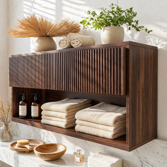 Floating Bathroom Cabinet, Modern Slatted Wall Mounted Vanity Storage Shelf Organizer