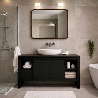Solid Wood Bathroom Vanity Cabinet with Sliding Doors & Open Shelf Storage