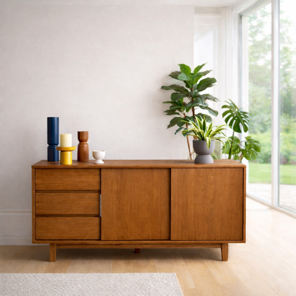 Scandinavian Style Sideboard Cabinet with Sliding Doors and Drawers – Storage Unit