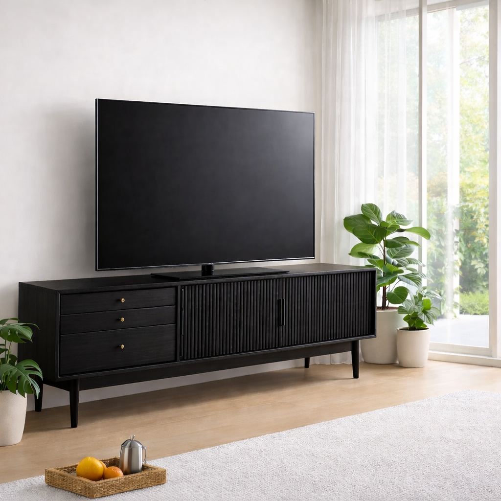 Mid Century Solid Wood TV Console with Slatted Doors & Drawers