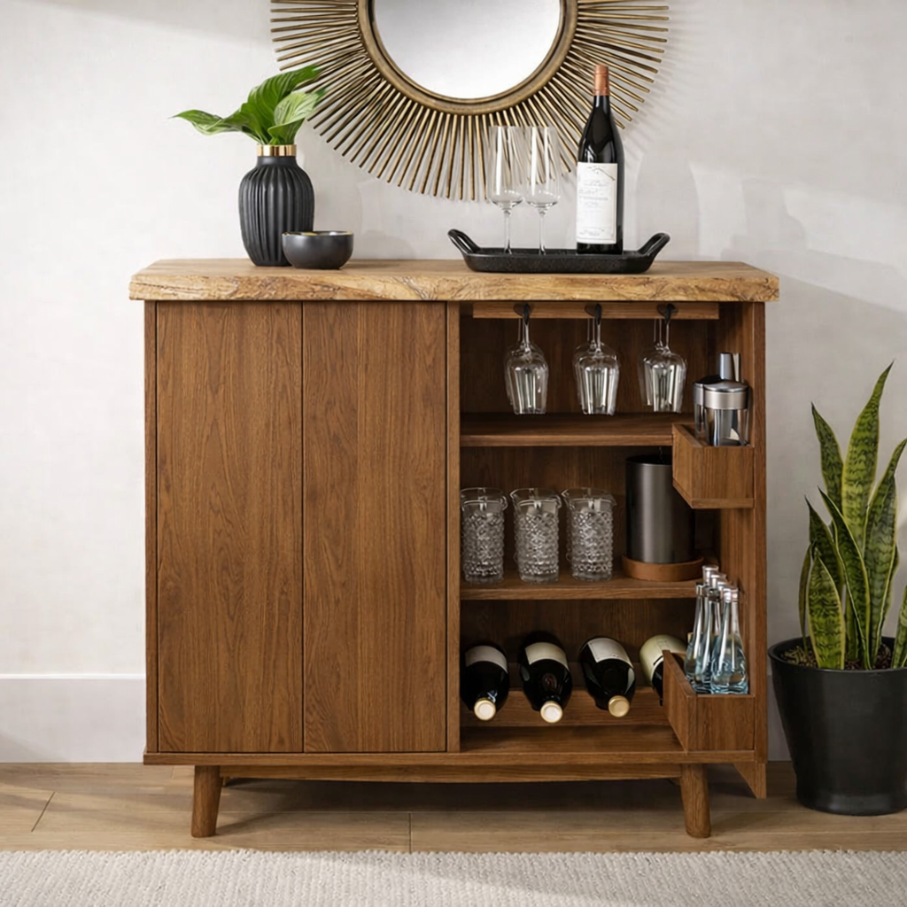 Solid Wood Wine Cabinet with Glass Holder and Home Bar Storage