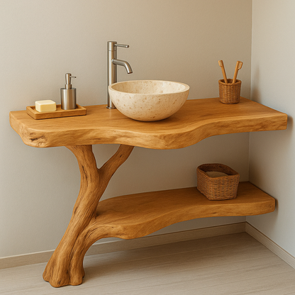 Handcrafted Solid Wood Bathroom Vanity – Live Edge Corner Design with Natural Finish Kitchnce