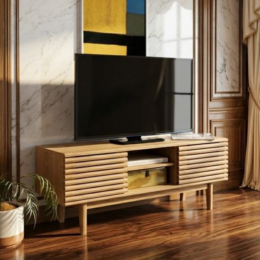 Mid Century Modern TV Stand, Slatted Media Console Cabinet with Storage for Living Room