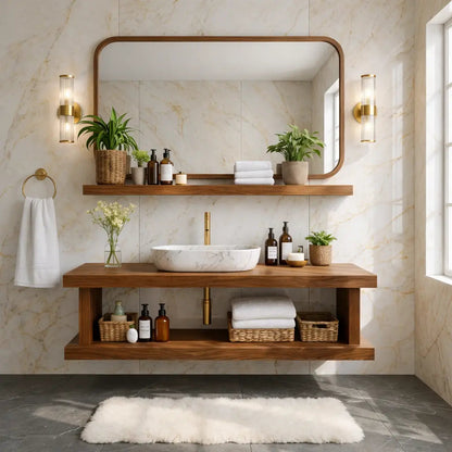 Floating Bathroom Vanity with Natural Wood Shelf Storage and Modern Wall Mounted Design Kitchnce