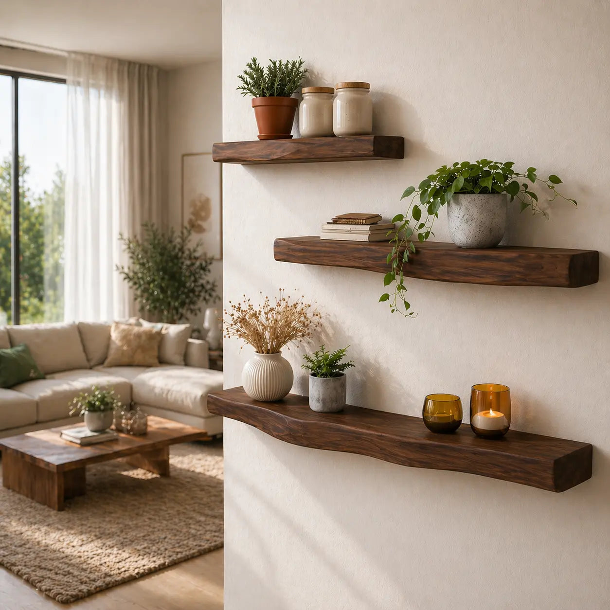 Solid Wood Floating Wall Shelf Rustic Live Edge Wall Mounted Shelf Kitchnce