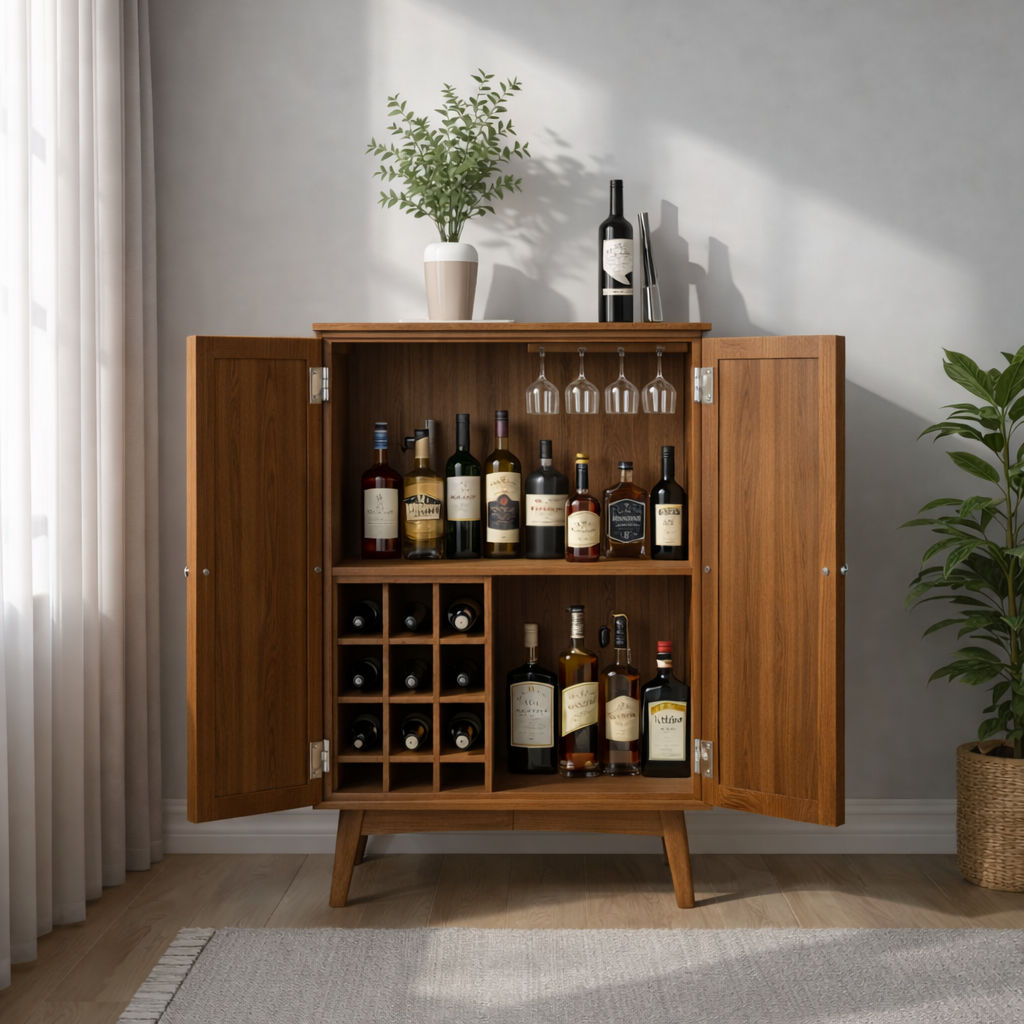 Solid Wood Wine Cabinet with Double Doors and Built-In Bottle Rack