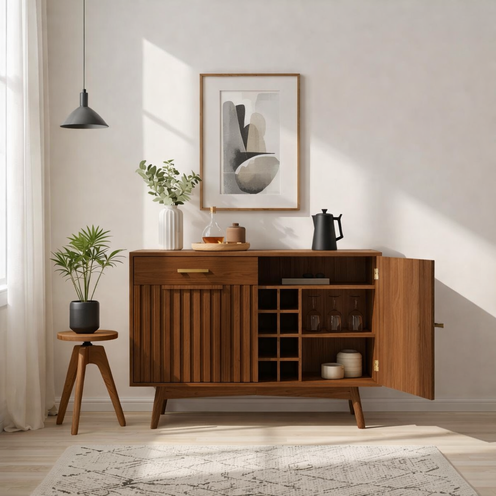 Mid Century Modern Solid Wood Wine Bar Cabinet with Bottle Rack and Glass Storage