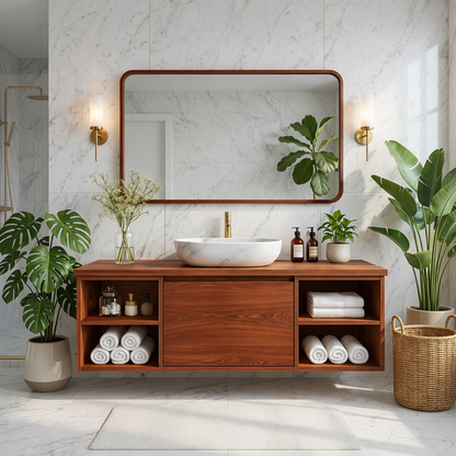 Floating Oak Vanity with Open Shelves and Minimalist Design, Modern Bathroom Furniture Kitchnce