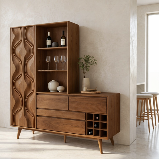 Modern Wine Cabinet Sideboard with Sculpted Door, Open Shelves and Bottle Storage
