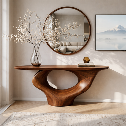 Solid Wood Console Table with Sculptural Base, Modern Minimalist Design