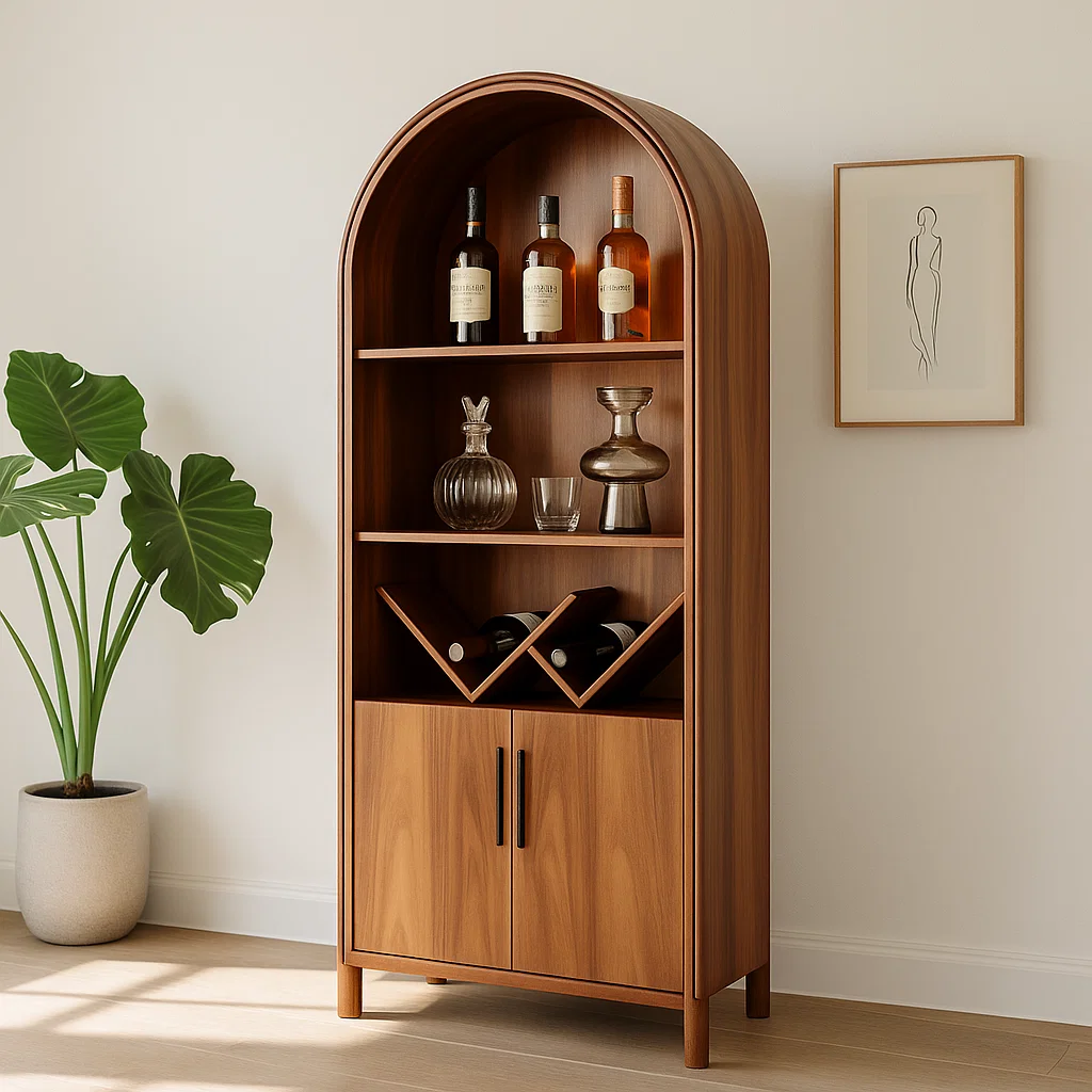 Handcrafted Solid Wood Wine Cabinet Arched Display Shelf Mid Century Modern Bar Storage Furniture