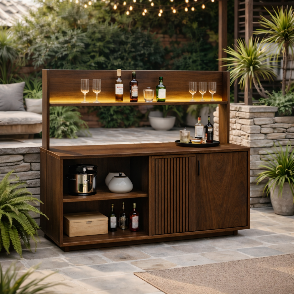 Solid Wood Outdoor Bar Cabinet with Shelf & Storage – Modern Patio Drink Station
