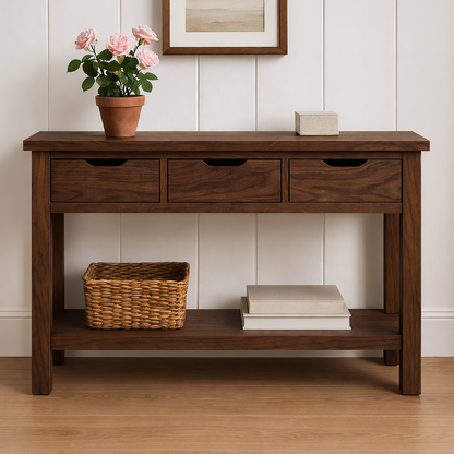 Rustic Wooden Console Table with Storage Drawers and Bottom Shelf for Entryway Kitchnce