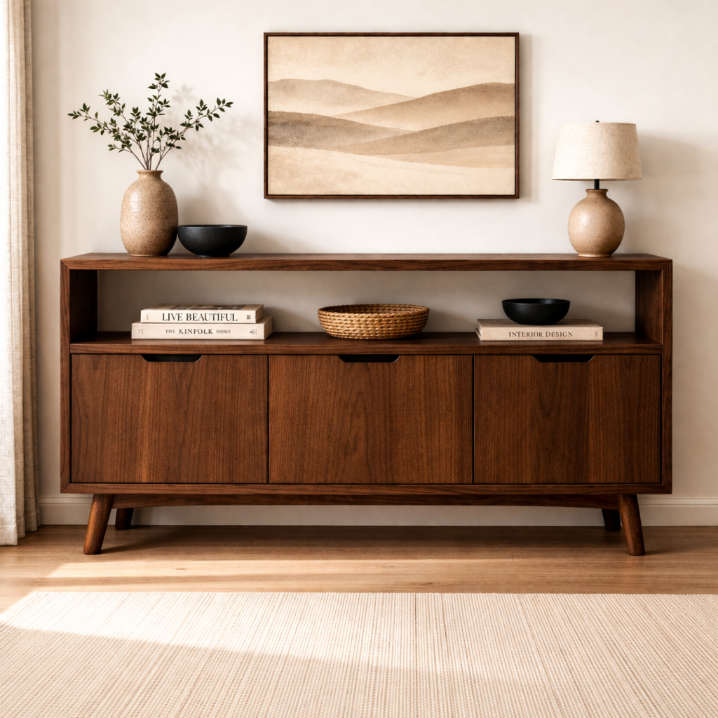 Solid Wood Console Cabinet with Open Shelf and 3 Doors – Modern Entryway Storage