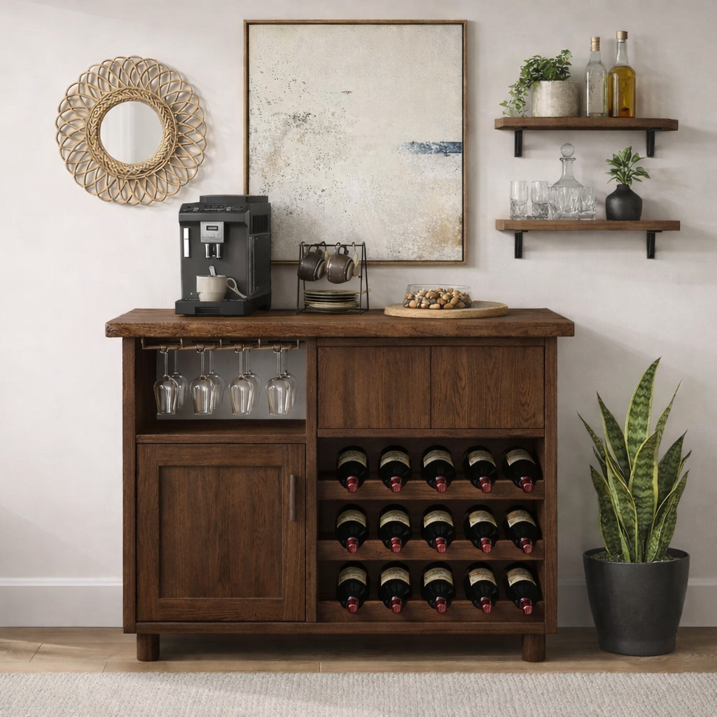 Solid Wood Wine Cabinet with Glass Holder and Bottle Storage Rack