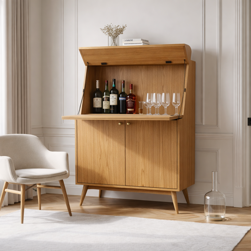 Handcrafted Solid Wood Wine Cabinet with Drop Down Bar and Storage