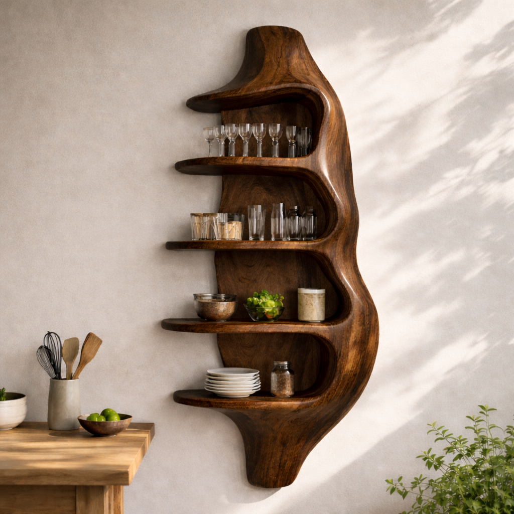 Solid Walnut Wall Mounted Kitchen Cabinet Shelf – Organic Curved Wooden Storage Display