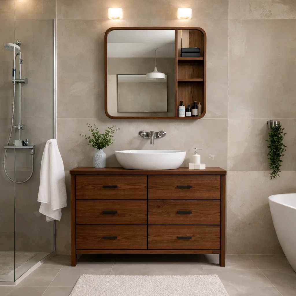 Solid Wood Bathroom Vanity Cabinet with Drawers & Mirror Storage – Modern Finish