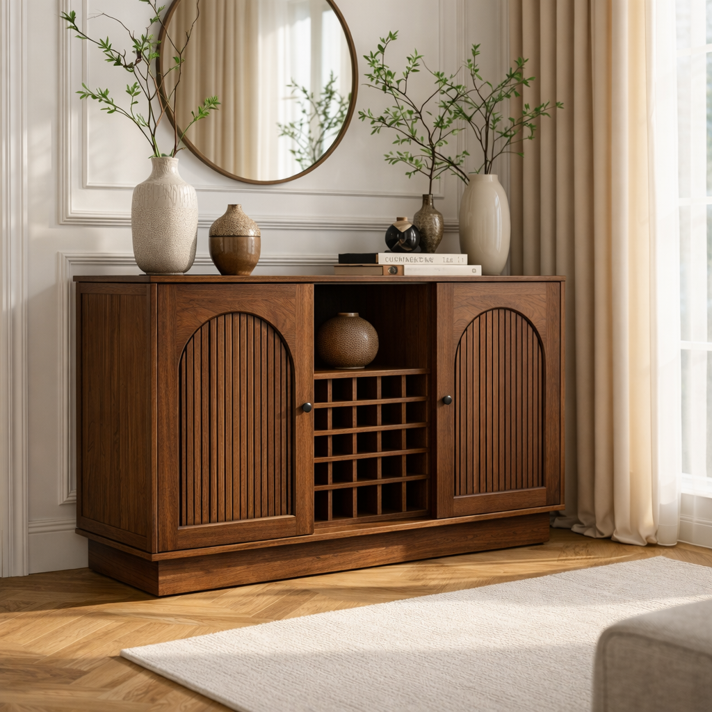Arched Slatted Wood Wine Cabinet with Bottle Rack Modern Bar Storage