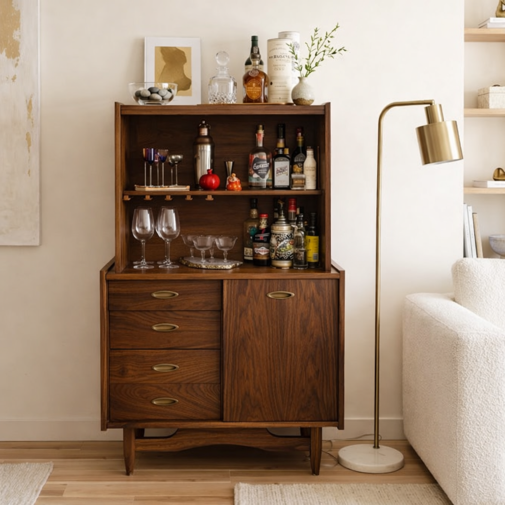 Contemporary Wooden Bar Cabinet with Drawers, Entertaining Storage and Display Shelf
