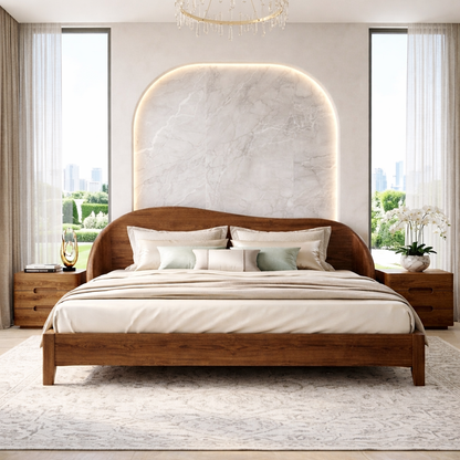 Modern Wooden Bed Frame with Curved Headboard and Minimalist Bedroom Style