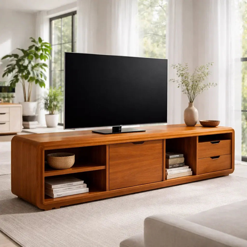 Solid Wood TV Cabinet with Rounded Edges – Modern Walnut Media Console Kitchnce