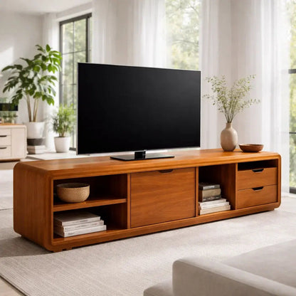 Solid Wood TV Cabinet with Rounded Edges – Modern Walnut Media Console Kitchnce