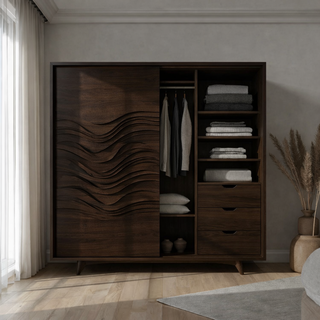Solid Wood Wardrobe with Wave Panel Door – Modern Bedroom Closet with Shelves & Drawers