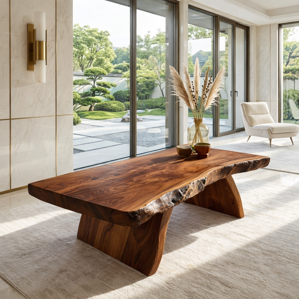 Organic Live Edge Coffee Table with Sculptural Base, Modern Living-Room Statement Centerpiece