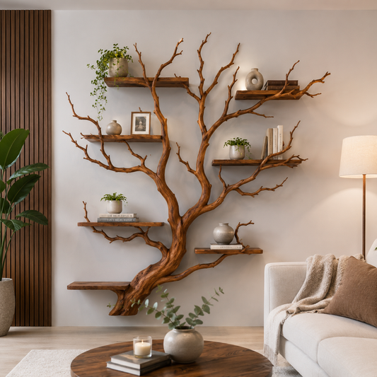 Tree Bookshelf Wall Shelf, Rustic Branch Bookcase, Natural Wood Decor