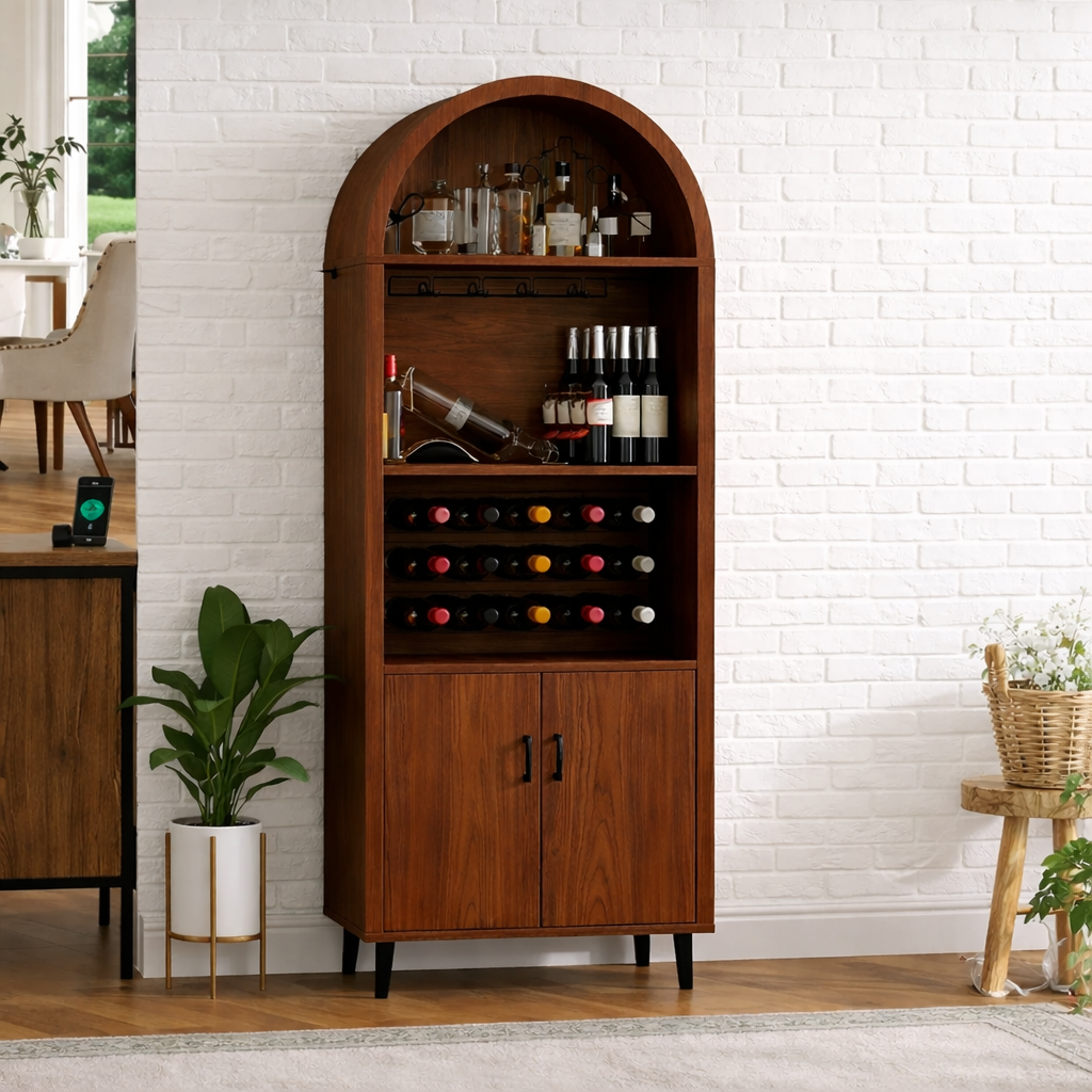 Handcrafted Solid Oak Arched Wine Cabinet Scandinavian Bar Storage with Bottle Display