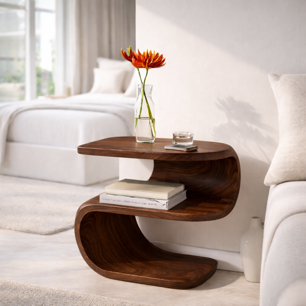 Solid Wood Nightstand with Curved Design – Modern Bedside Table with Storage