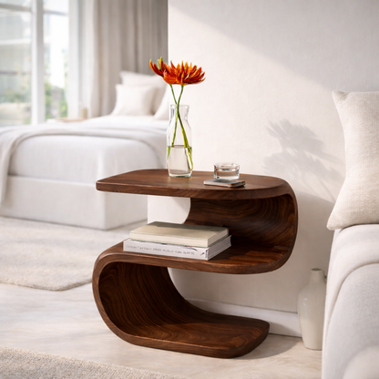 Solid Wood Nightstand with Curved Design – Modern Bedside Table with Storage