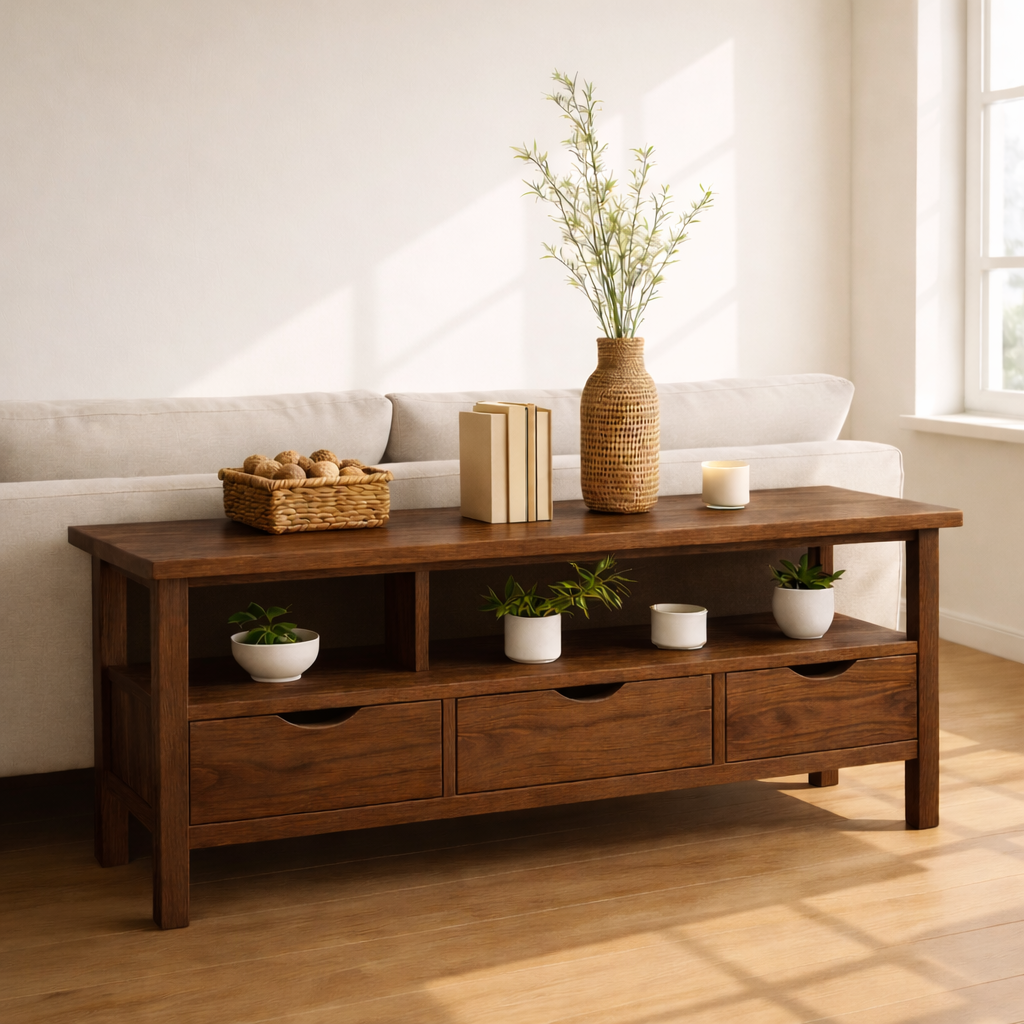 Solid Wood Console Table with Drawers and Shelf, Modern Entryway Sofa Table Wood Storage Cabinet Kitchnce