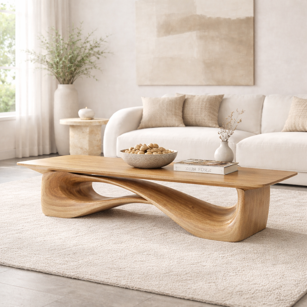 Sculptural Wooden Coffee Table, Modern Organic Living Room Centerpiece Furniture