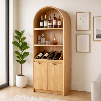 Solid Wood Arched Wine Storage Cabinet with Display Shelves and Bottle Organizer