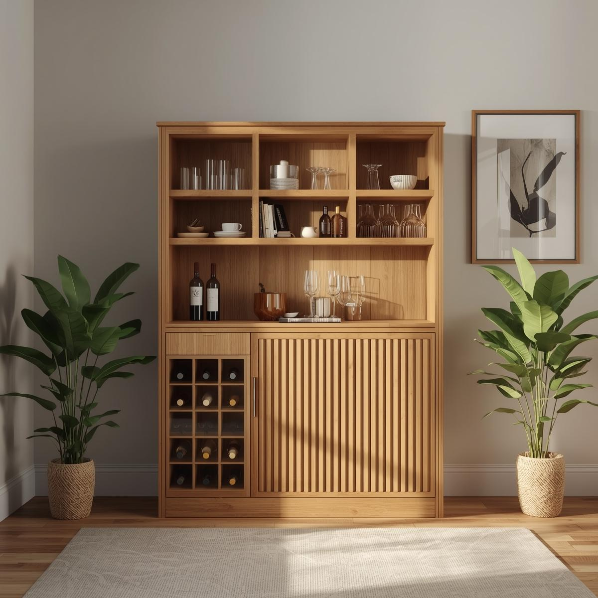 Handcrafted Solid Wood Wine Cabinet with Storage Shelves Modern Home Bar Furniture