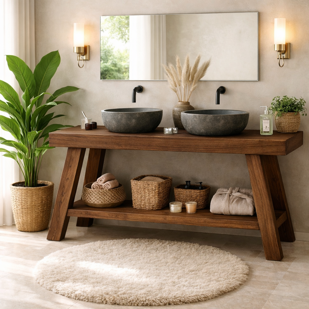 Rustic Double Sink Bathroom Vanity with Shelves Wooden Vanity Base Kitchnce