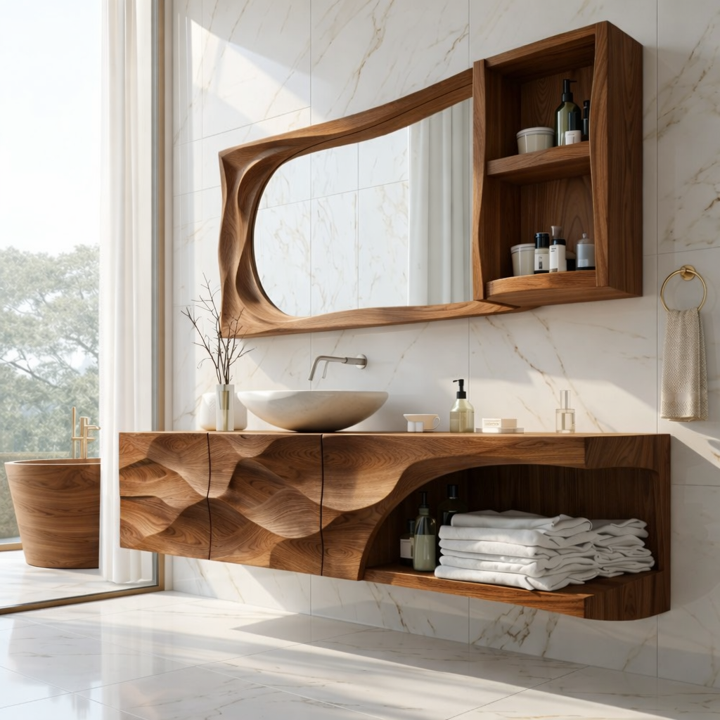 Modern Solid Wood Bathroom Vanity with Floating Storage and Sculpted Front Design