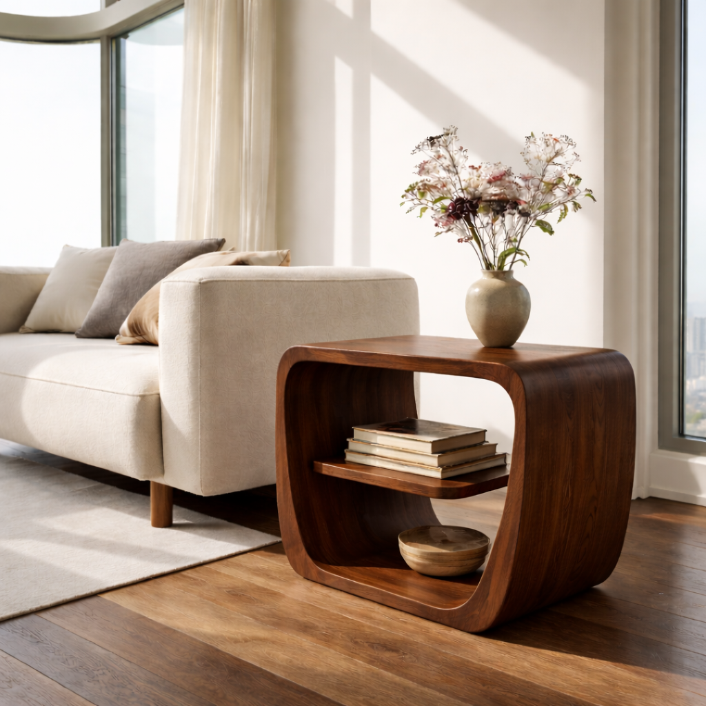 Modern Solid Wood End Table with Storage Shelf – Curved Wooden Side Table for Living Room Kitchnce