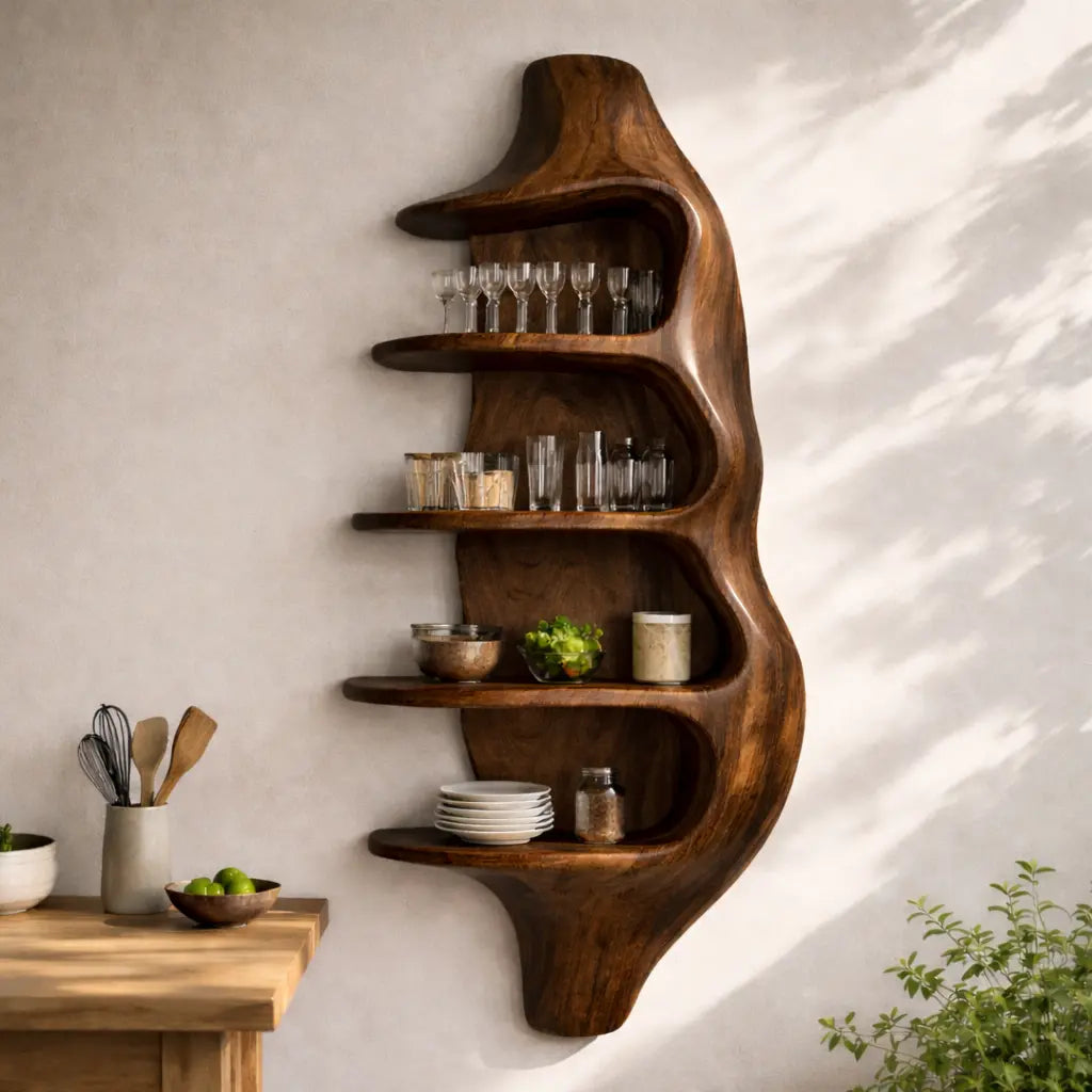 Solid Walnut Wall Mounted Kitchen Cabinet Shelf – Organic Curved Wooden Storage Display Kitchnce